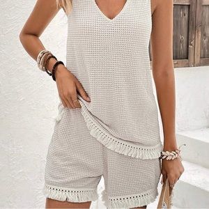 Apricot Boho Womens Waffle Knit Tank Top & Fringe Trim Shorts